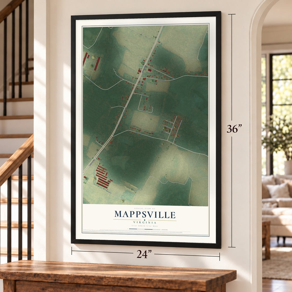 Mappsville, Virginia map, 24 x 36 inch print in a black frame by a staircase