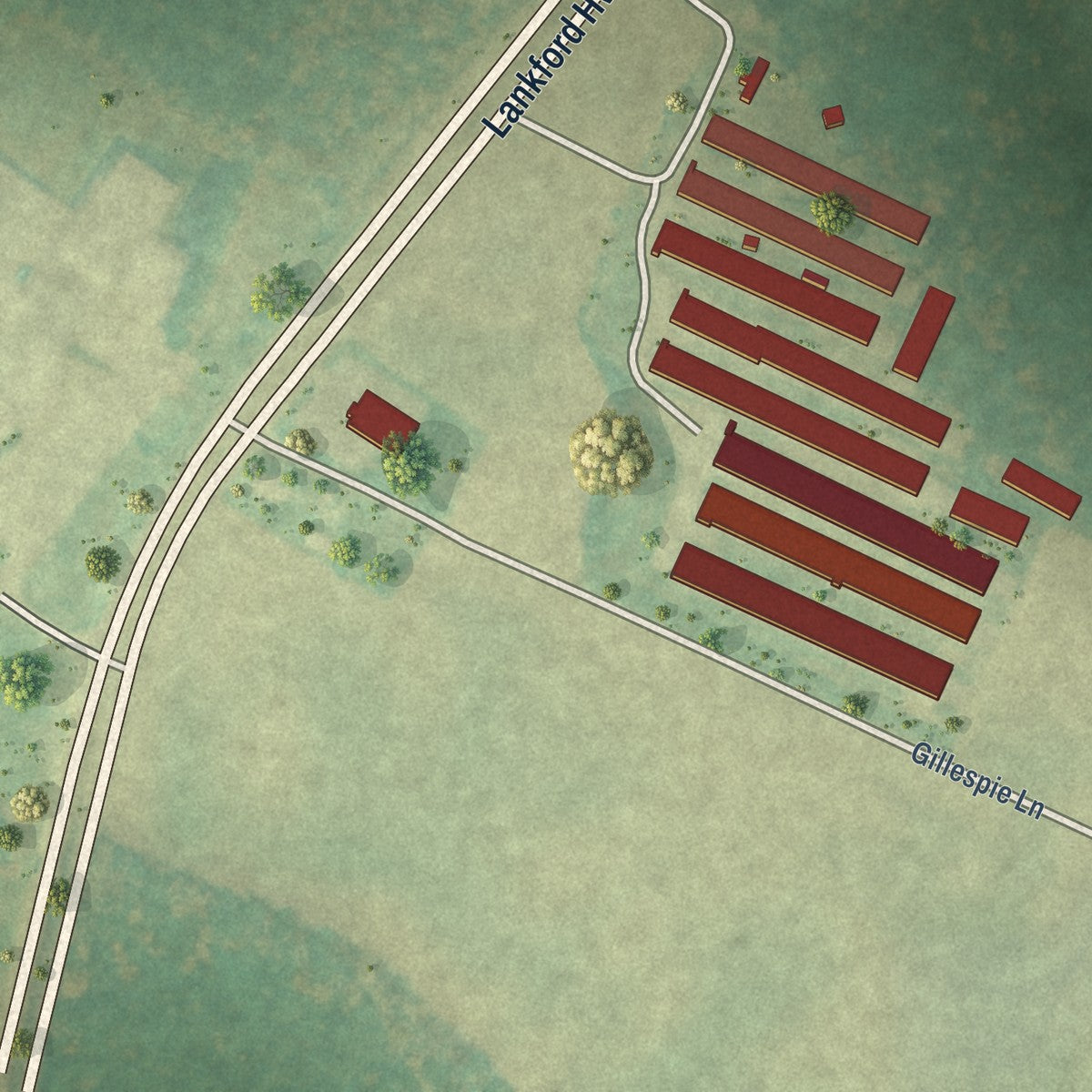 Close-up of the map of Mappsville, Virginia print showing street and building detail