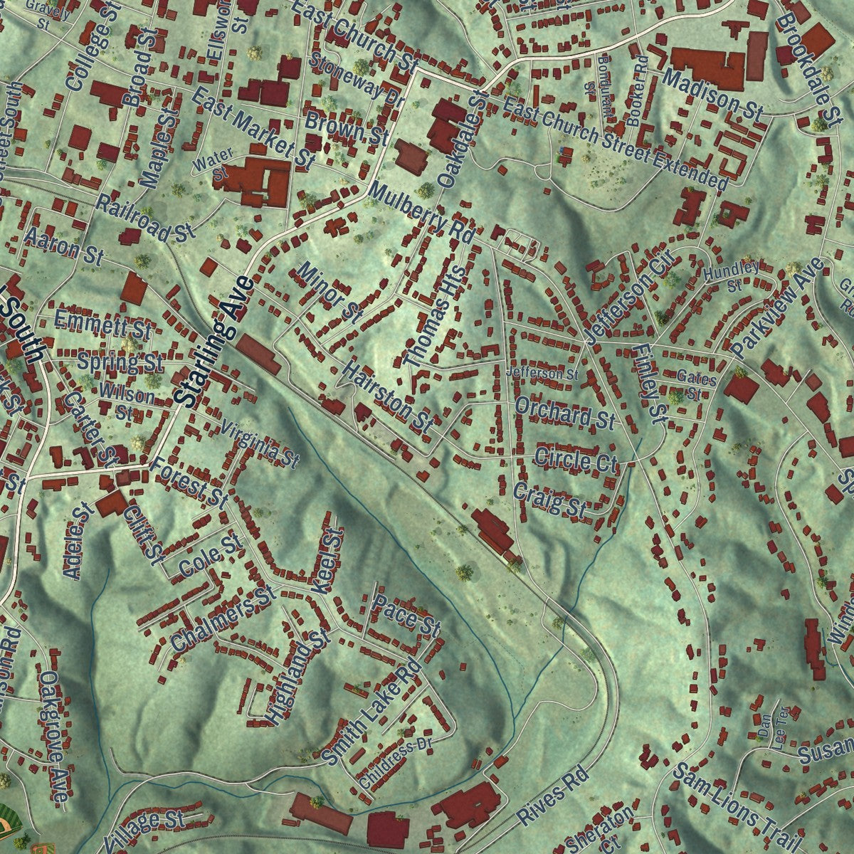 Close-up of the map of Martinsville, Virginia print showing street and building detail