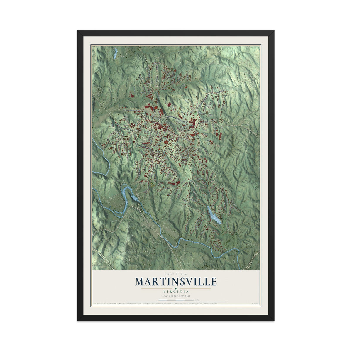 Map of Martinsville, Virginia, 12 x 18 inch print in a black wood frame