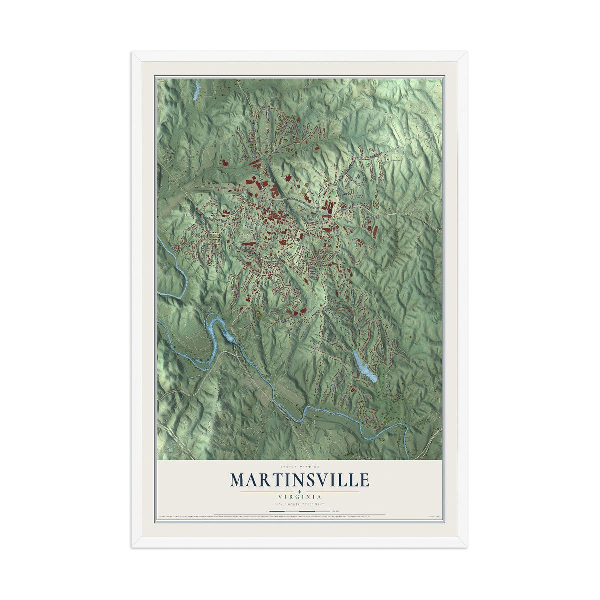 Map of Martinsville, Virginia, 12 x 18 inch print in a white wood frame