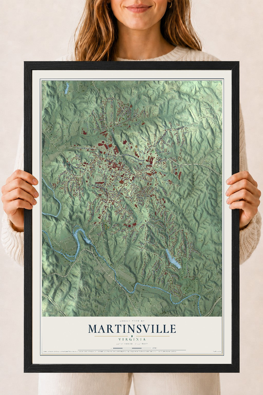 Map of Martinsville, Virginia, 18 x 24 inch print in a black wood frame