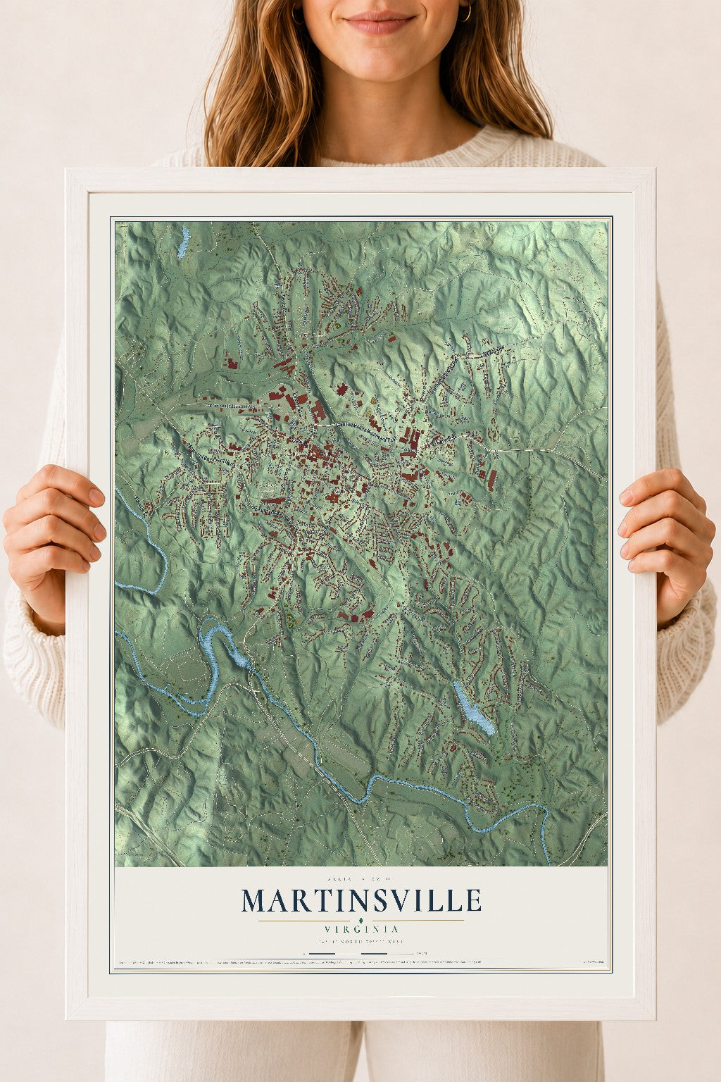 Map of Martinsville, Virginia, 18 x 24 inch print in a white wood frame
