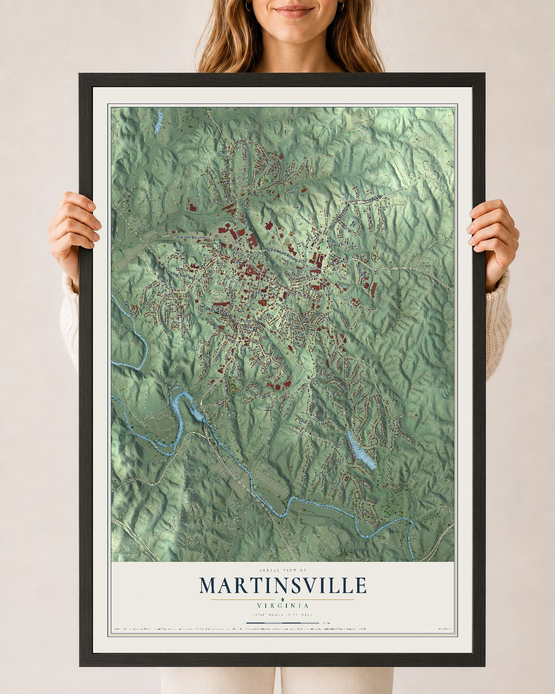 Map of Martinsville, Virginia, 24 x 36 inch print in a black wood frame