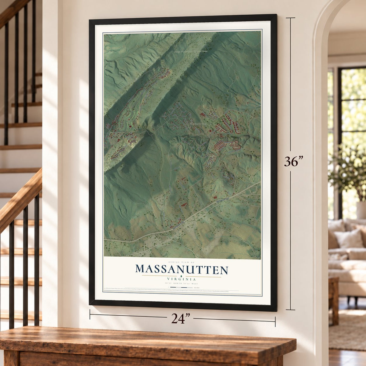 Massanutten, Virginia map, 24 x 36 inch print in a black frame by a staircase