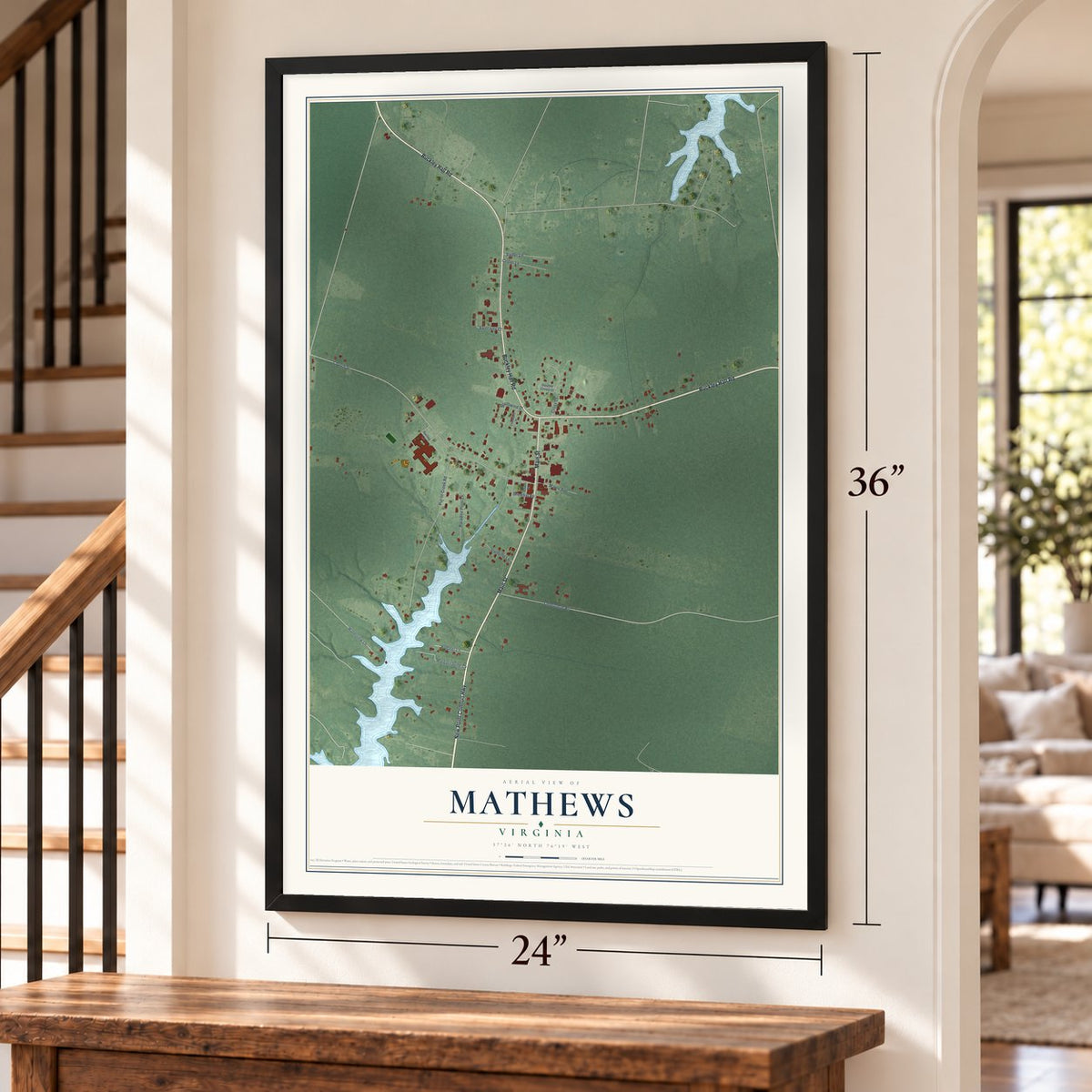 Mathews, Virginia map, 24 x 36 inch print in a black frame by a staircase