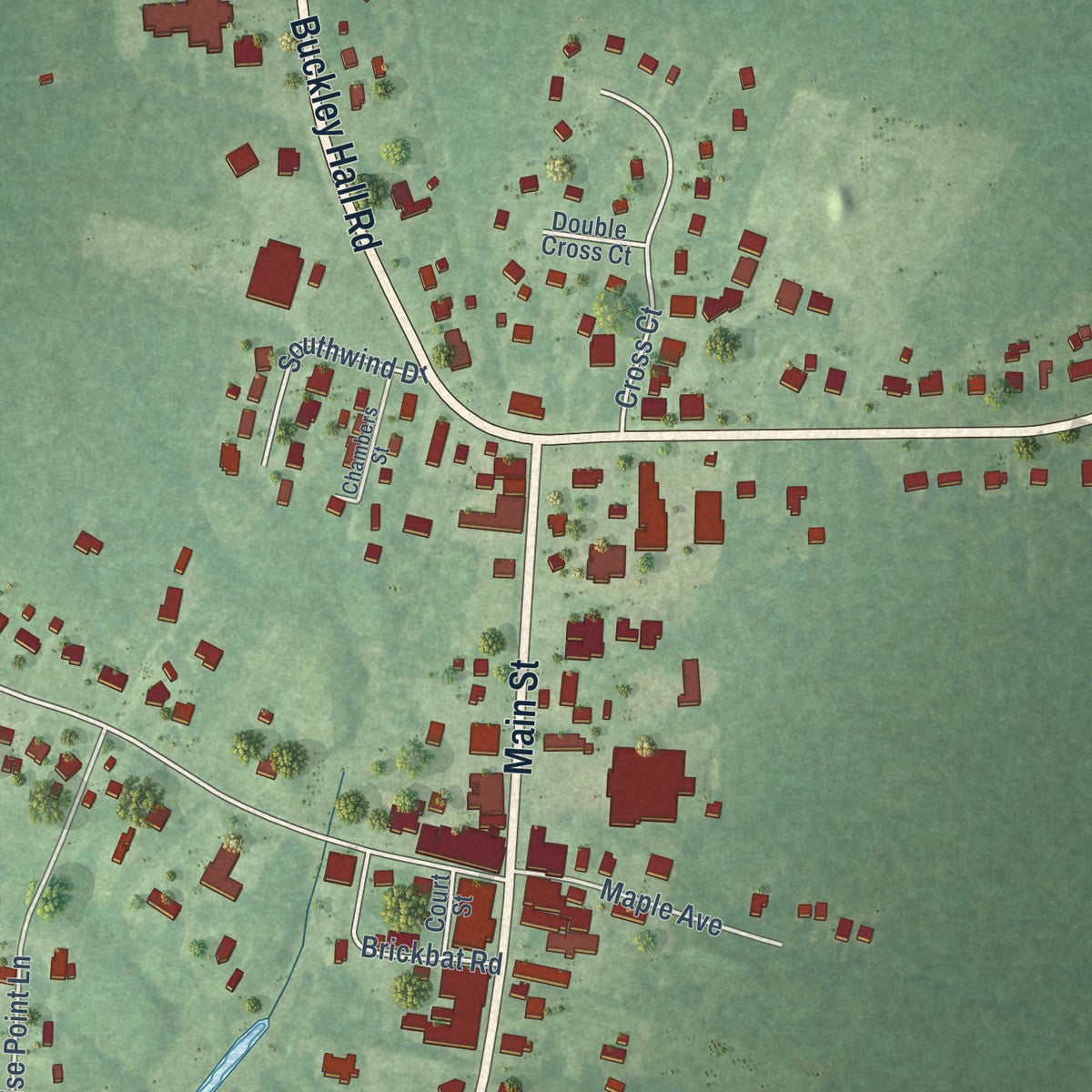 Close-up of the map of Mathews, Virginia print showing street and building detail