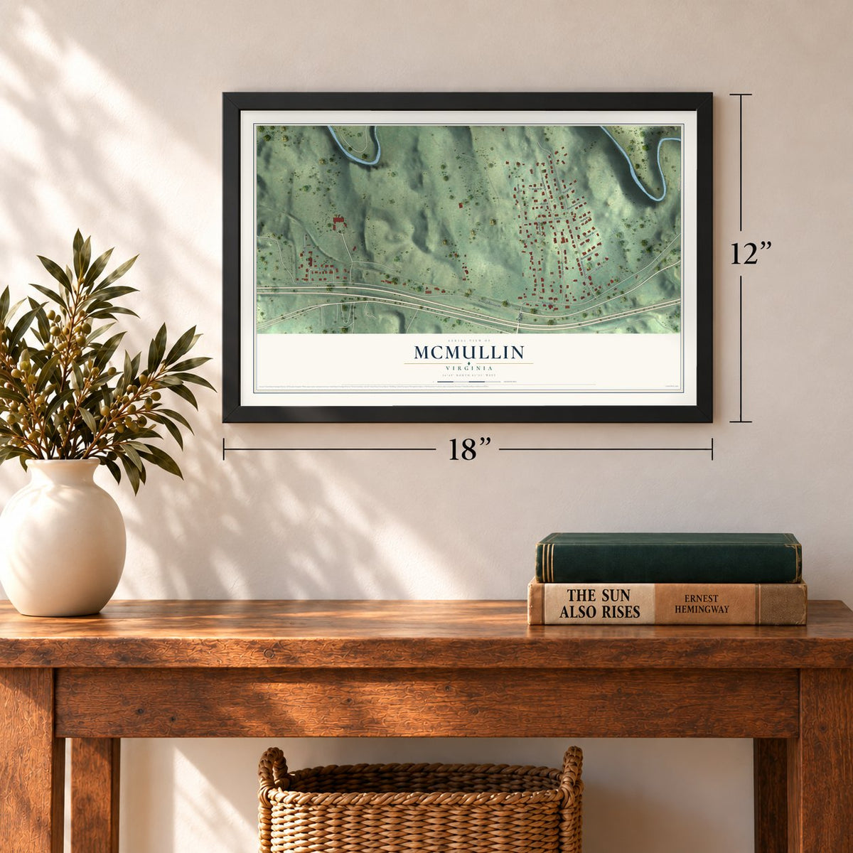 McMullin, Virginia map, 12 x 18 inch print in a black frame in an entryway