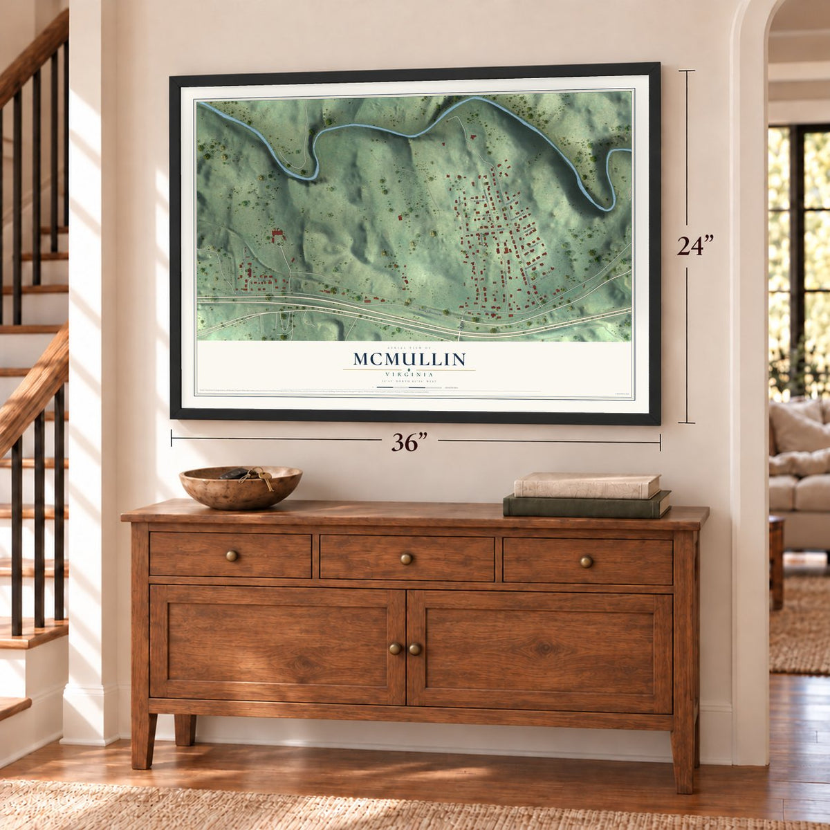 McMullin, Virginia map, 24 x 36 inch print in a black frame above a dresser by a staircase