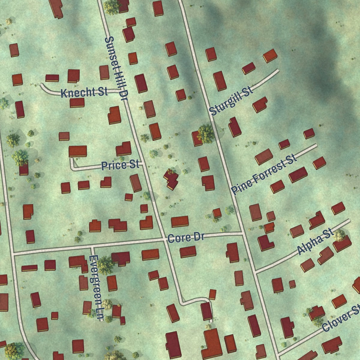 Close-up of the map of McMullin, Virginia print showing street and building detail