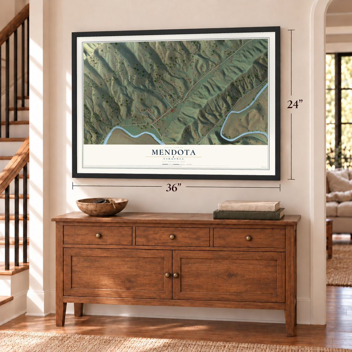 Mendota, Virginia map, 24 x 36 inch print in a black frame above a dresser by a staircase