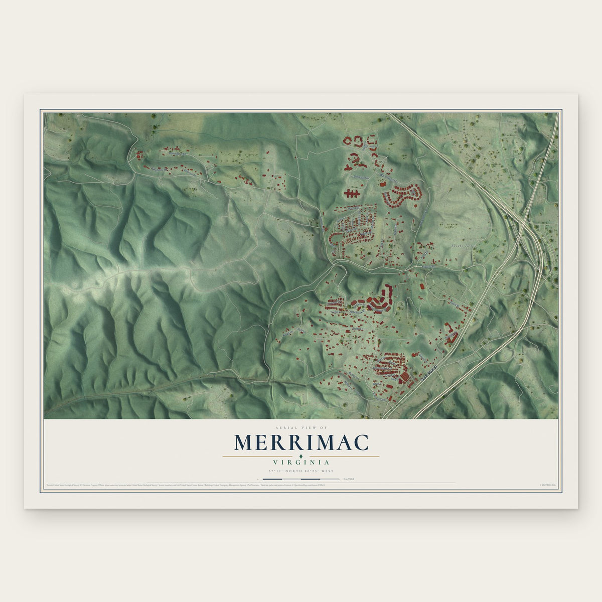 Merrimac, Virginia map print, the full design