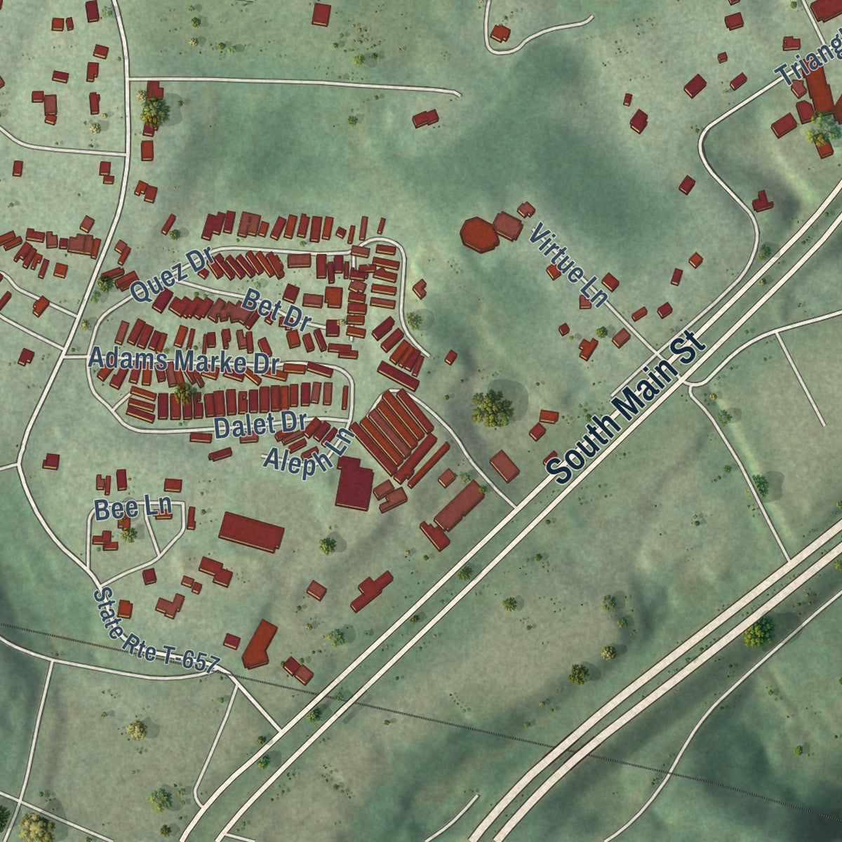 Close-up of the map of Merrimac, Virginia print showing street and building detail