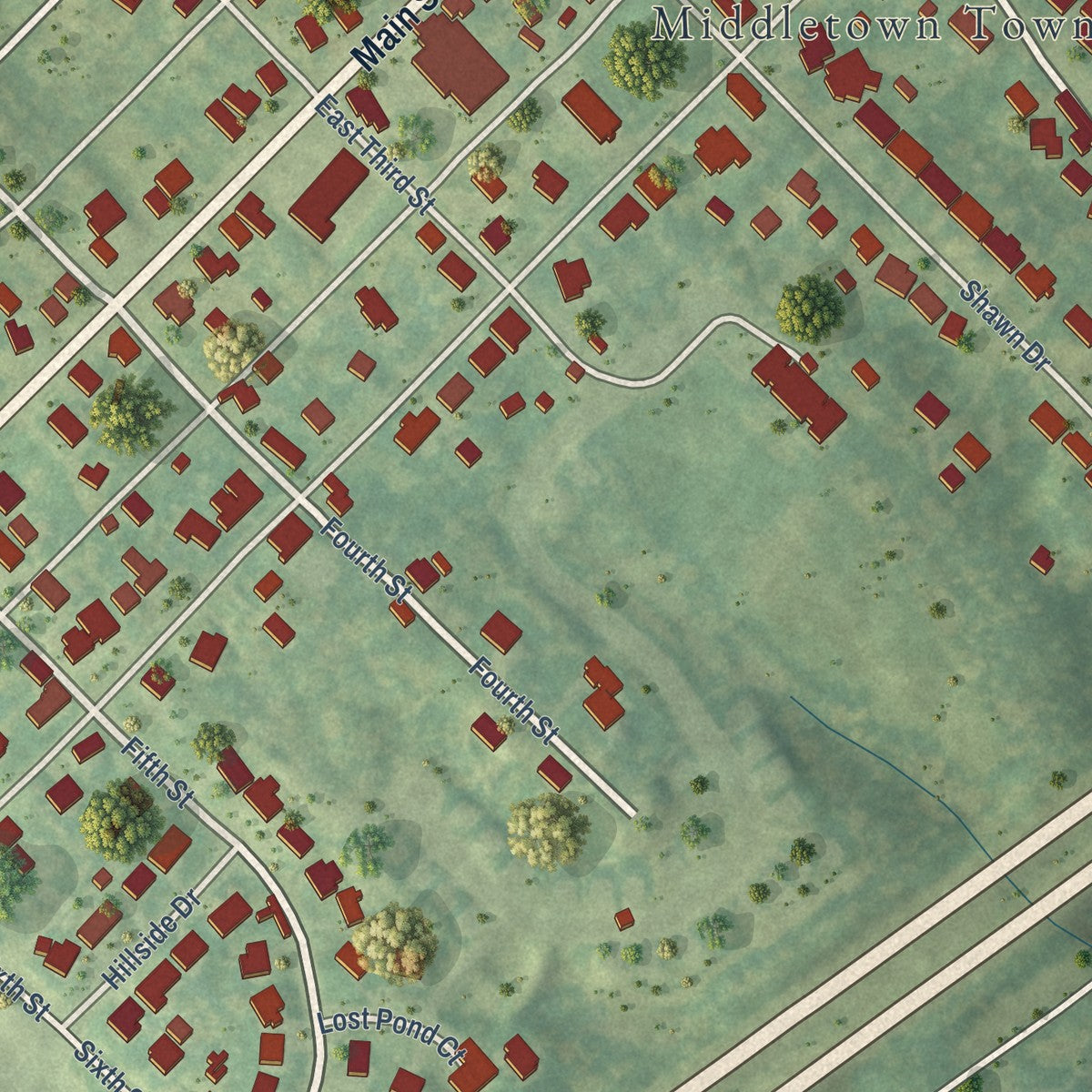 Close-up of the map of Middletown, Virginia print showing street and building detail