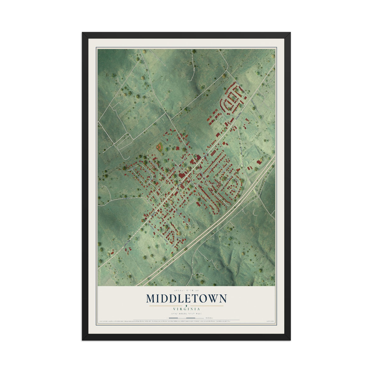 Map of Middletown, Virginia, 12 x 18 inch print in a black wood frame