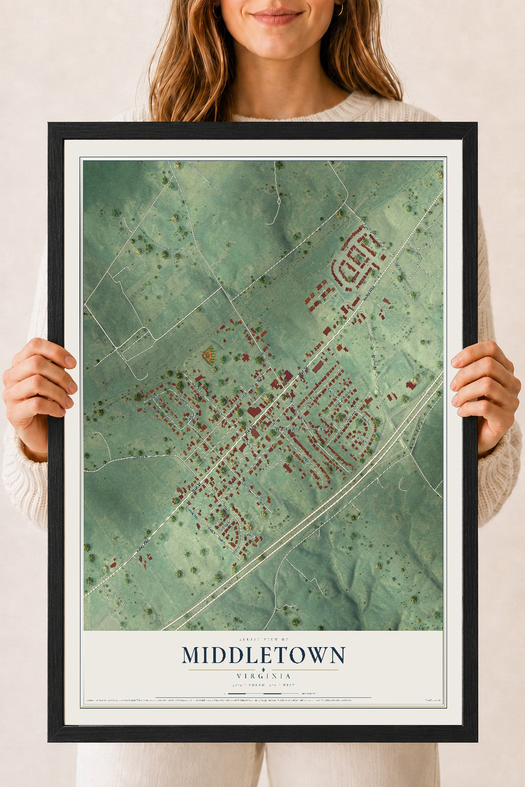 Map of Middletown, Virginia, 18 x 24 inch print in a black wood frame