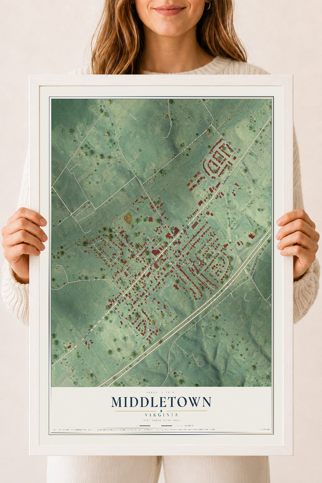 Map of Middletown, Virginia, 18 x 24 inch print in a white wood frame
