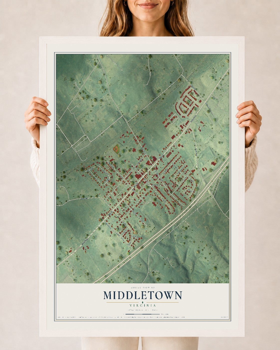 Map of Middletown, Virginia, 24 x 36 inch print in a white wood frame