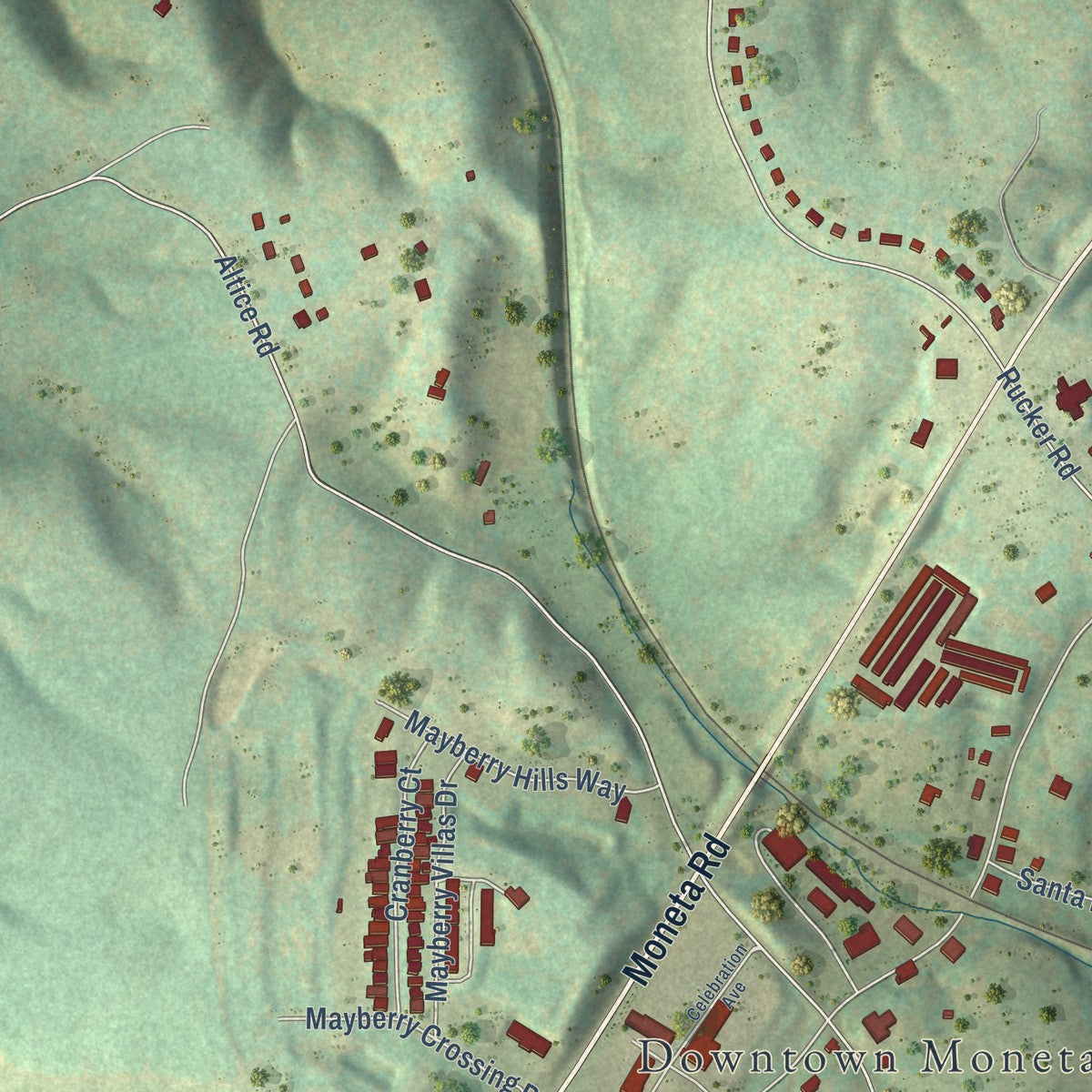 Close-up of the map of Moneta, Virginia print showing street and building detail