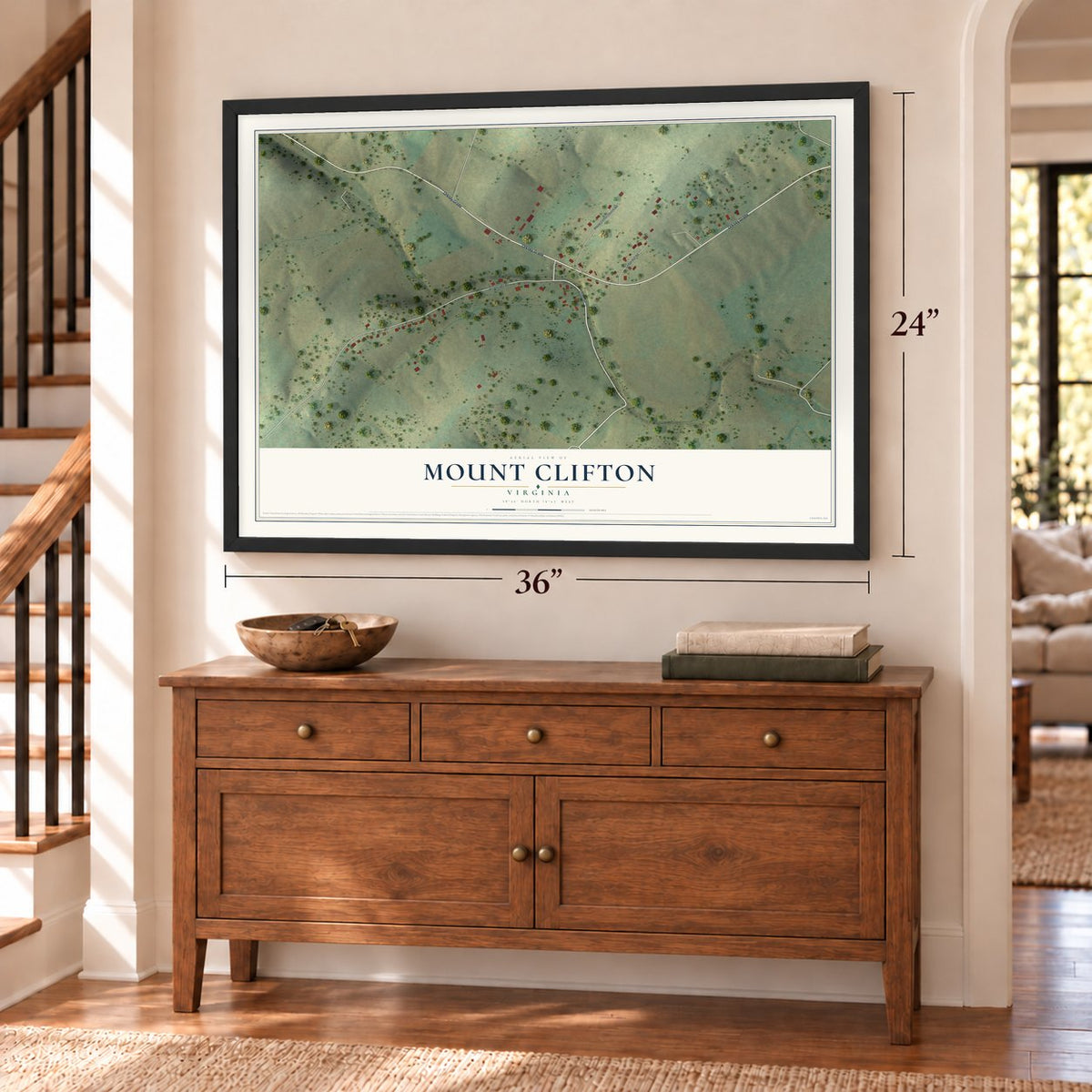 Mount Clifton, Virginia map, 24 x 36 inch print in a black frame above a dresser by a staircase