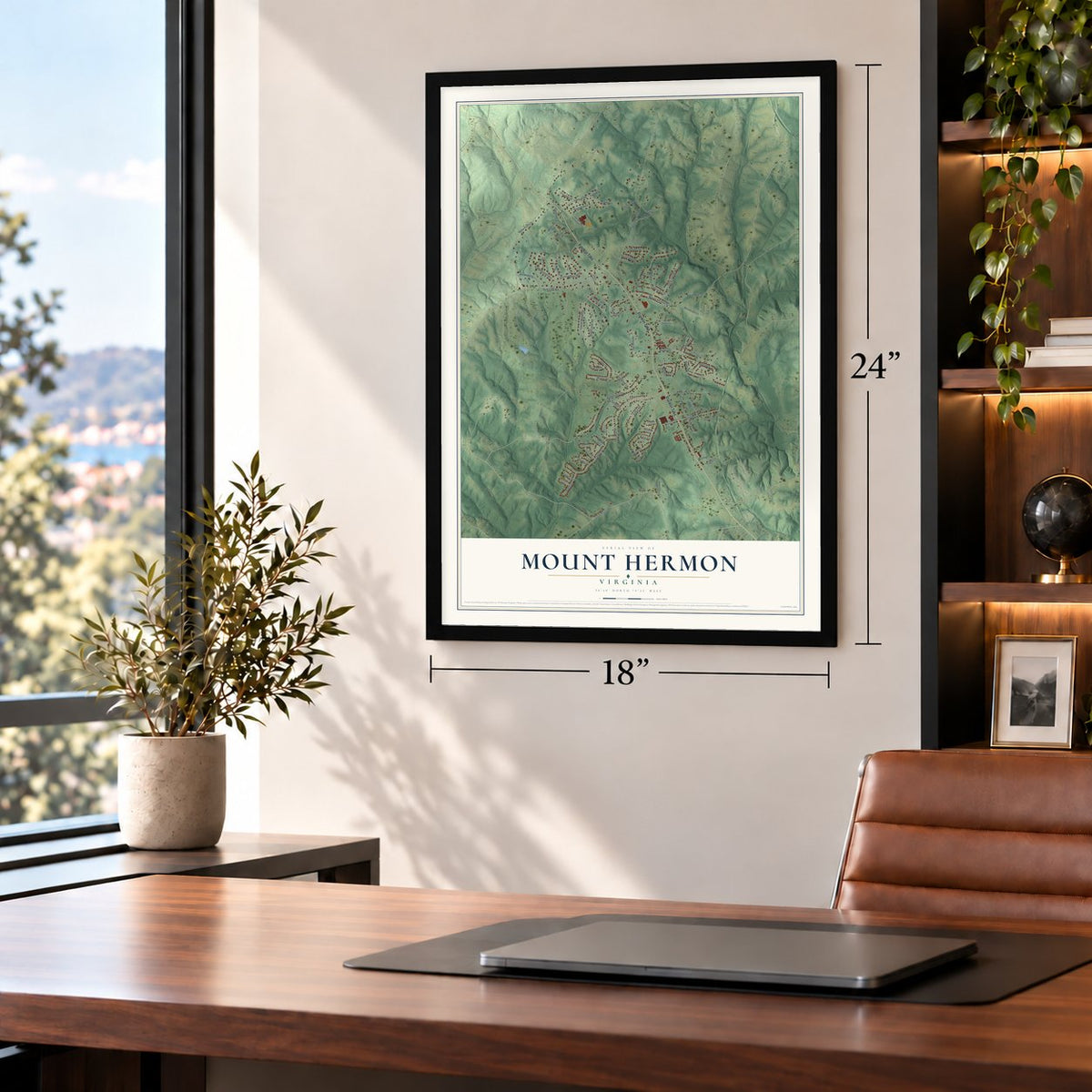 Mount Hermon, Virginia map, 18 x 24 inch print in a black frame in a home office