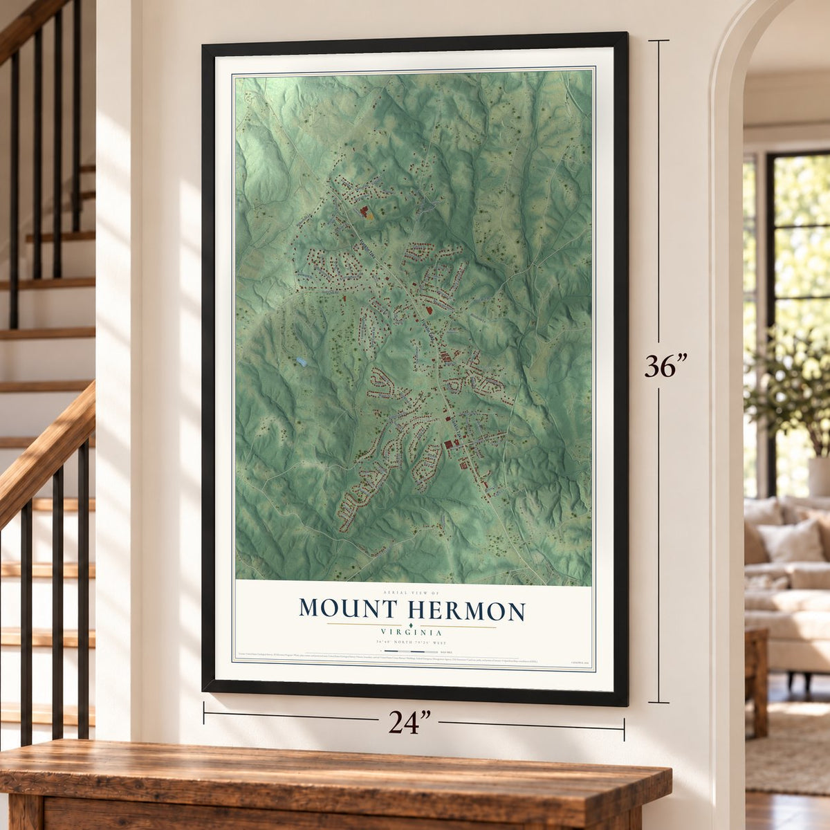 Mount Hermon, Virginia map, 24 x 36 inch print in a black frame by a staircase