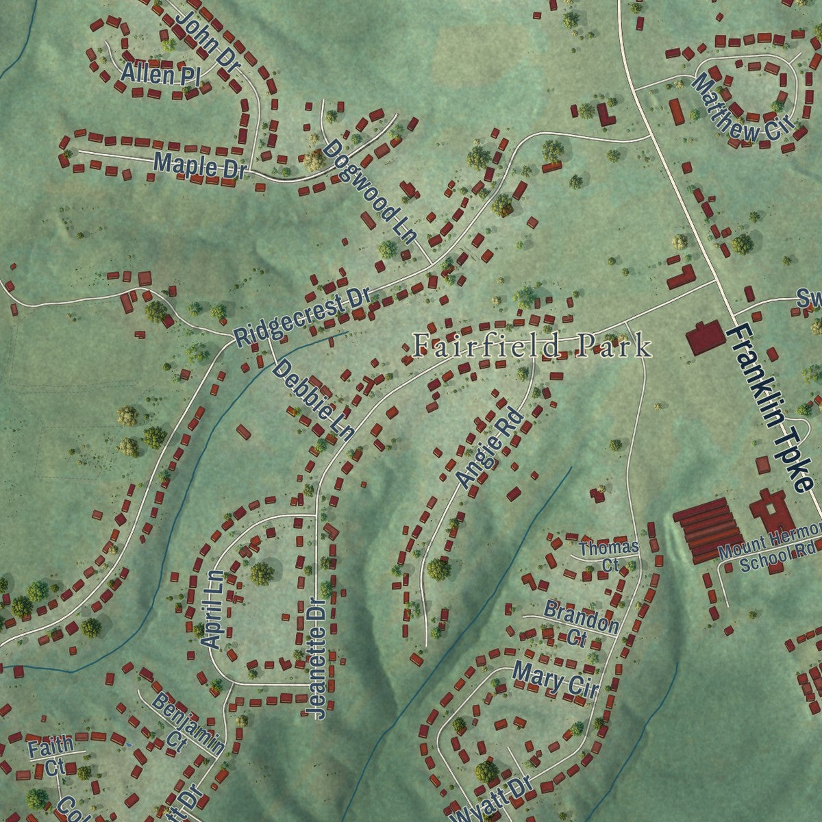 Close-up of the map of Mount Hermon, Virginia print showing street and building detail