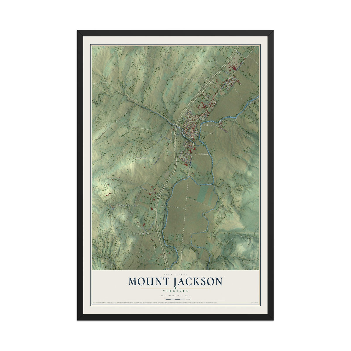 Map of Mount Jackson, Virginia, 12 x 18 inch print in a black wood frame