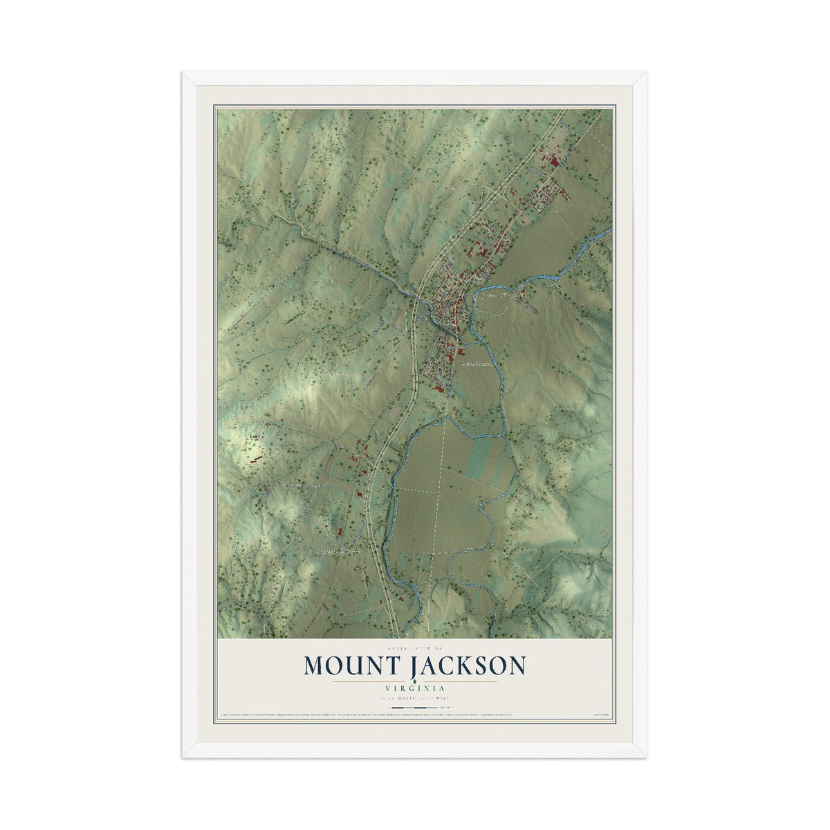 Map of Mount Jackson, Virginia, 12 x 18 inch print in a white wood frame