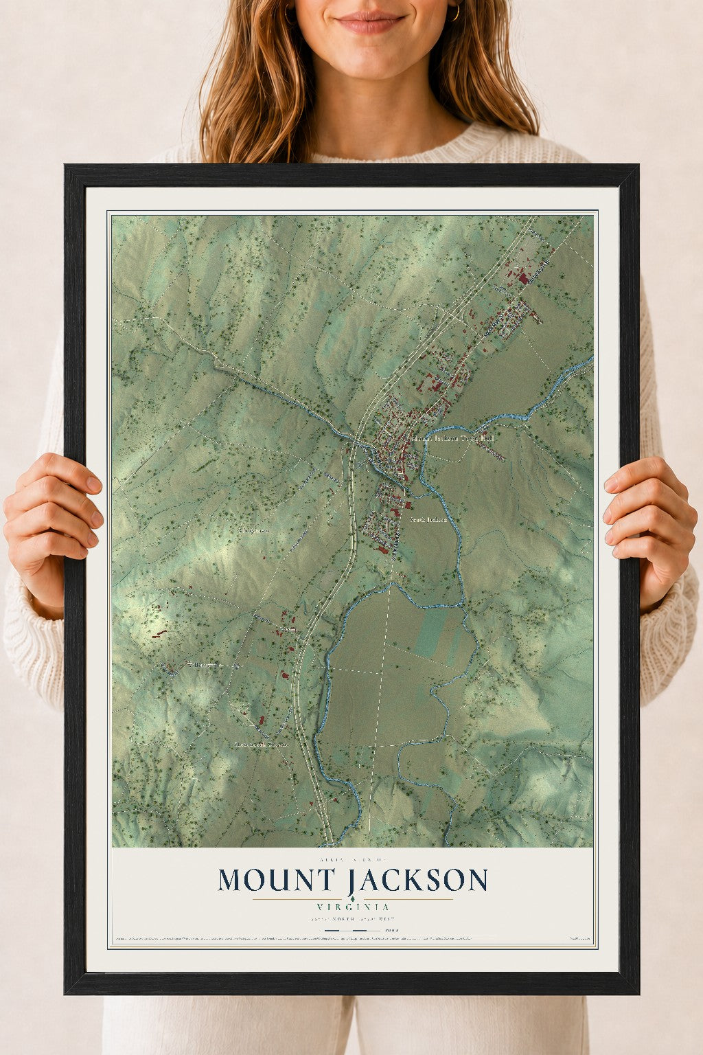 Map of Mount Jackson, Virginia, 18 x 24 inch print in a black wood frame