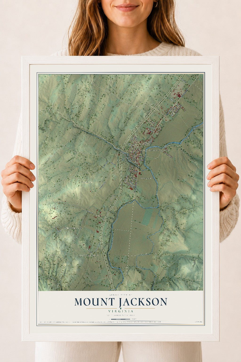Map of Mount Jackson, Virginia, 18 x 24 inch print in a white wood frame