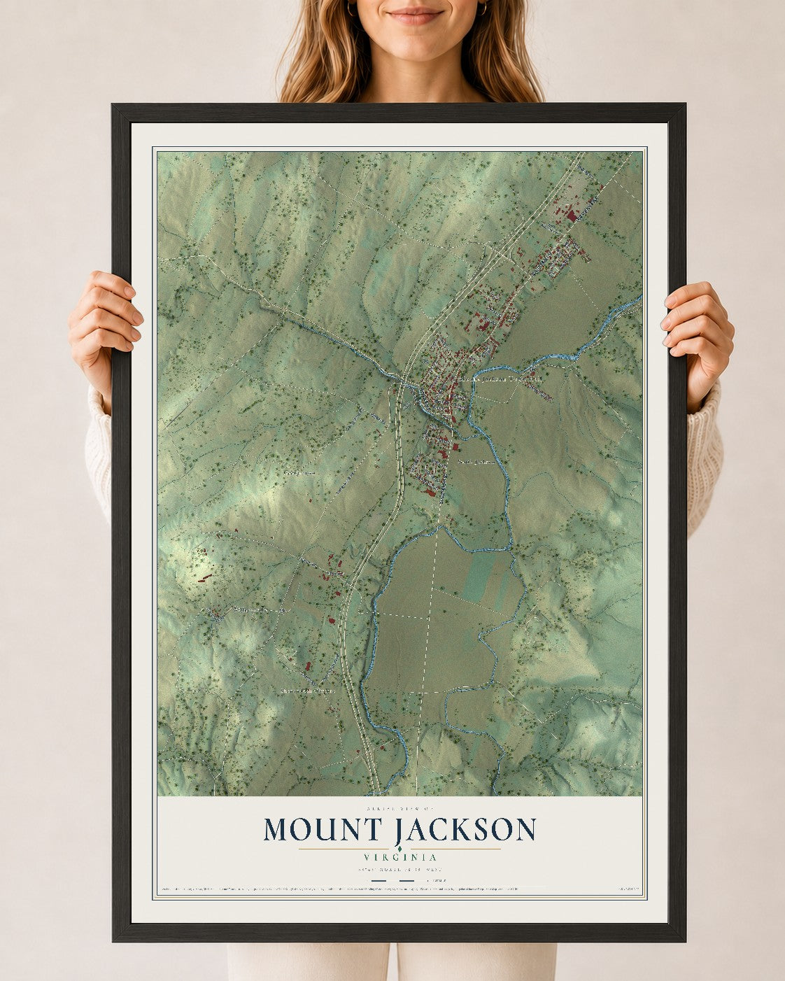 Map of Mount Jackson, Virginia, 24 x 36 inch print in a black wood frame