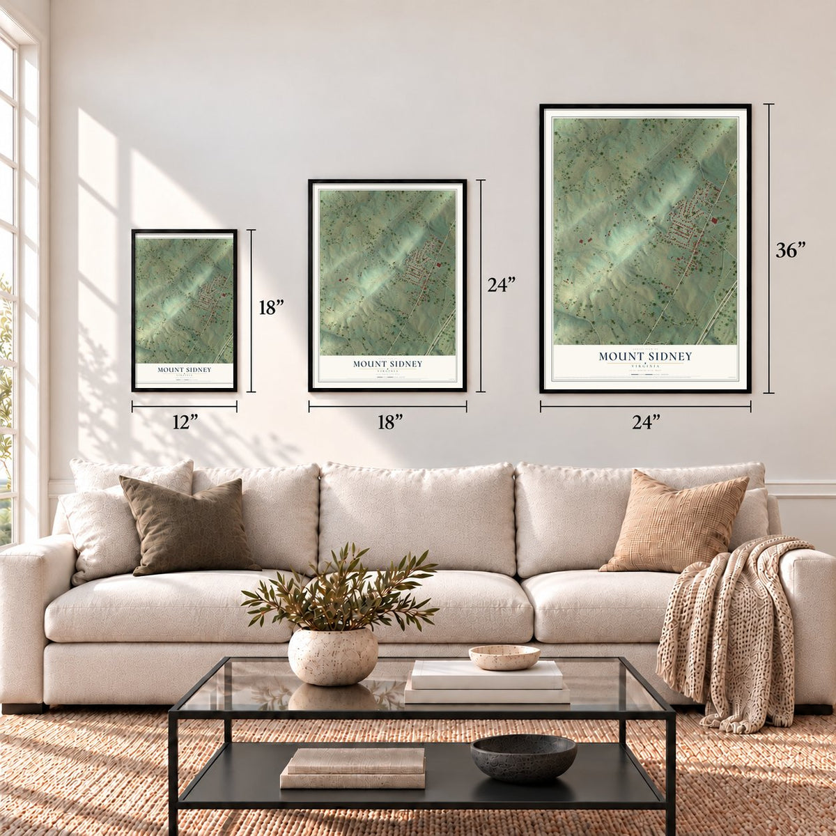 Mount Sidney, Virginia map in 12 x 18, 18 x 24 and 24 x 36 inch sizes above a sofa