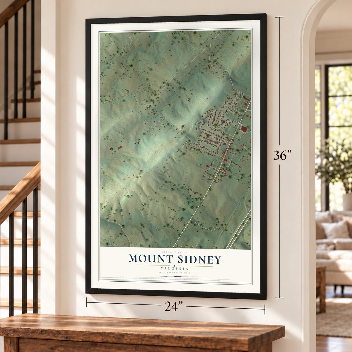 Mount Sidney, Virginia map, 24 x 36 inch print in a black frame by a staircase