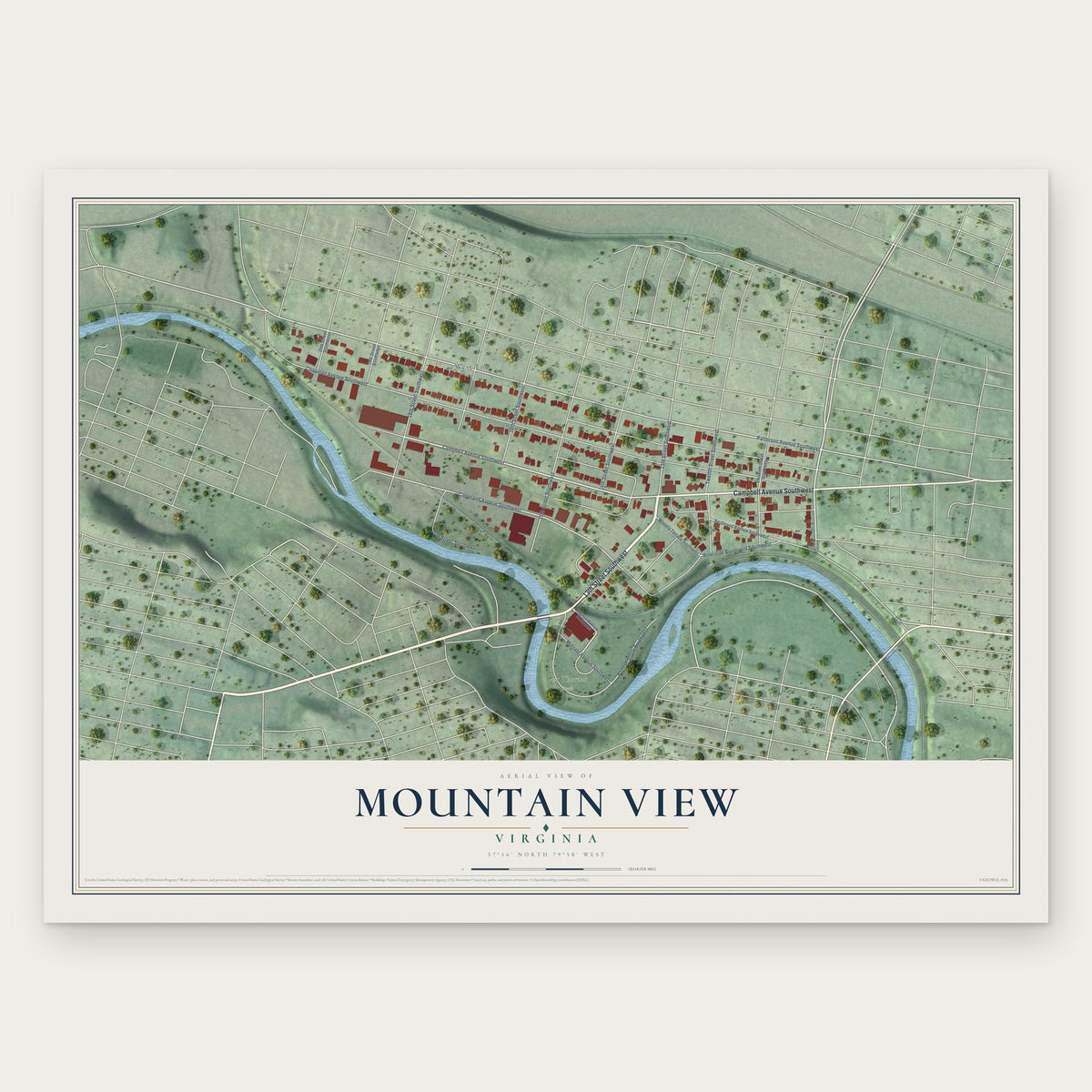 Mountain View, Roanoke, Virginia map print, the full design