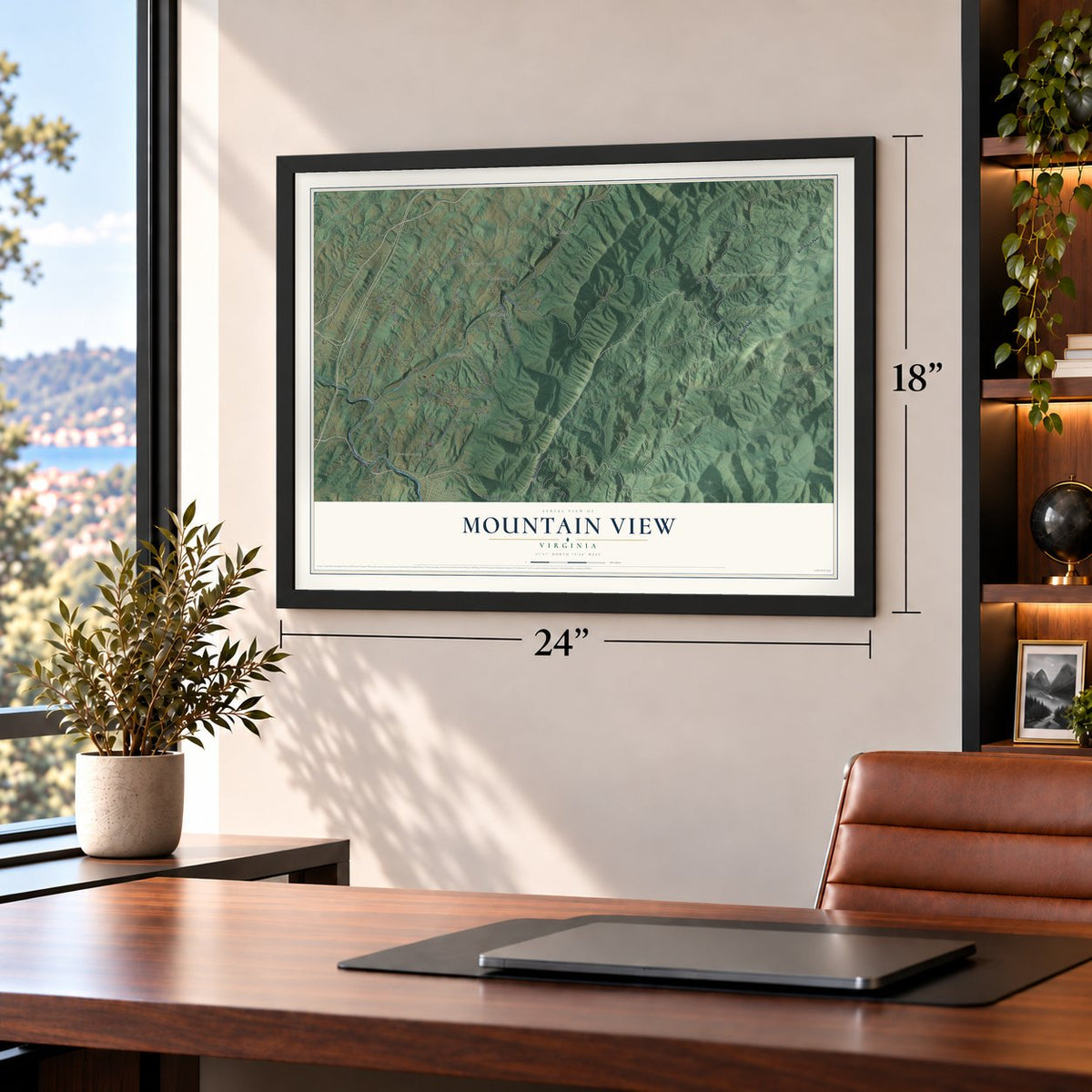 Mountain View, Rockbridge County, Virginia map, 18 x 24 inch print in a black frame in a home office