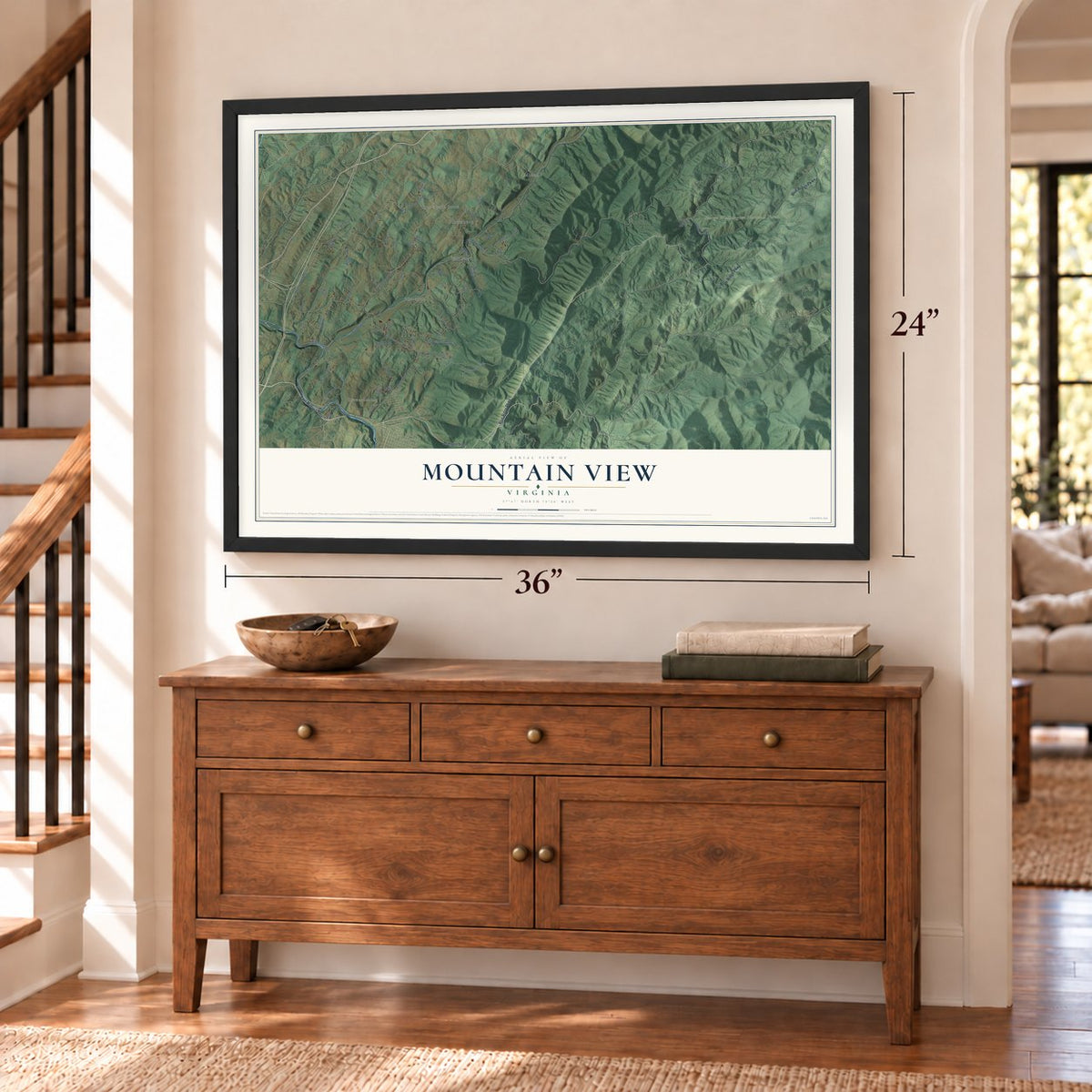 Mountain View, Rockbridge County, Virginia map, 24 x 36 inch print in a black frame above a dresser by a staircase