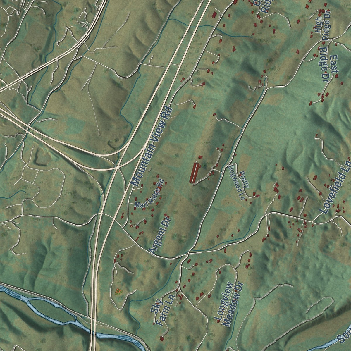 Close-up of the map of Mountain View, Rockbridge County, Virginia print showing street and building detail