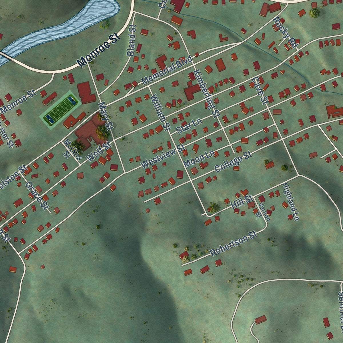 Second close-up of the map of Narrows, Virginia print showing more streets and buildings
