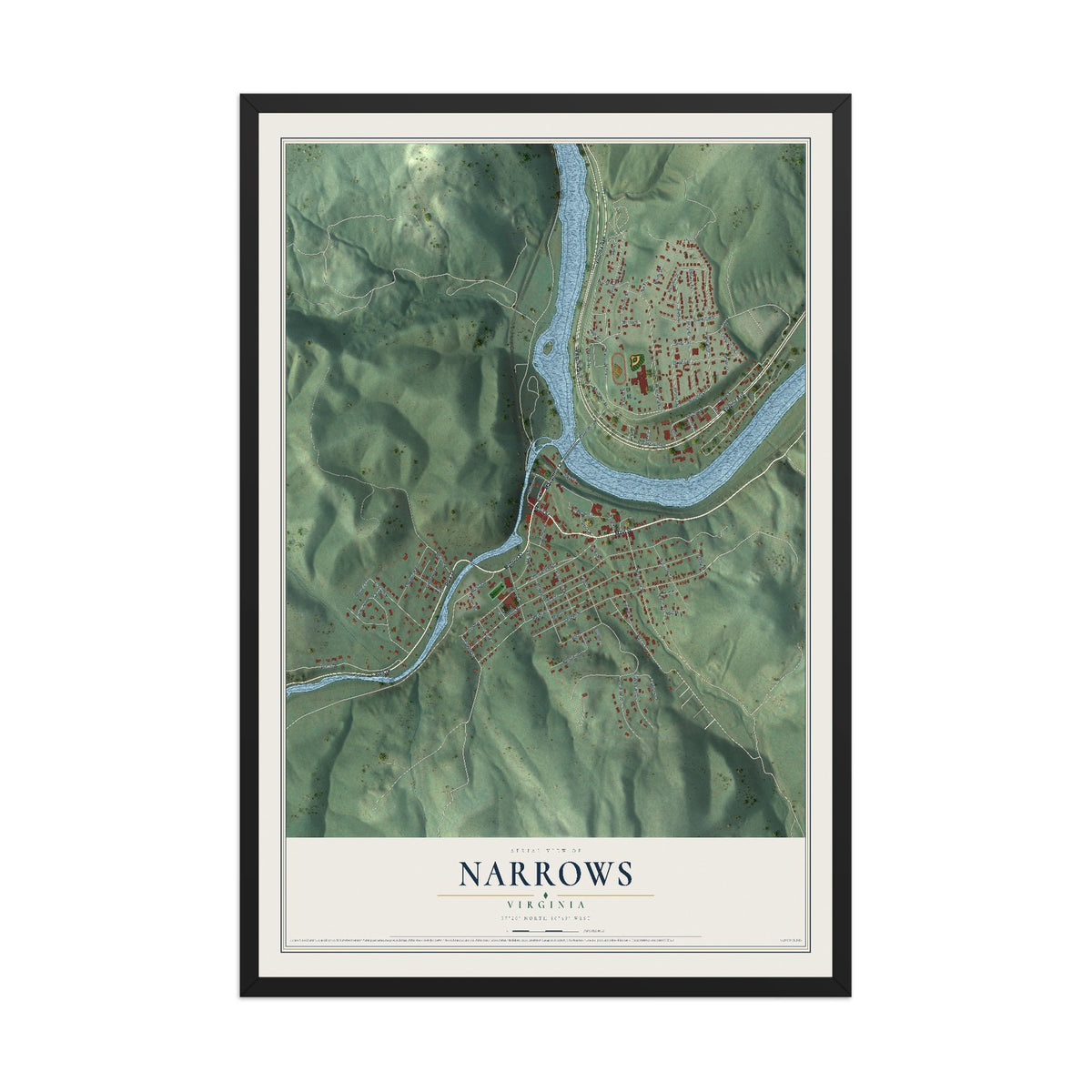 Map of Narrows, Virginia, 12 x 18 inch print in a black wood frame