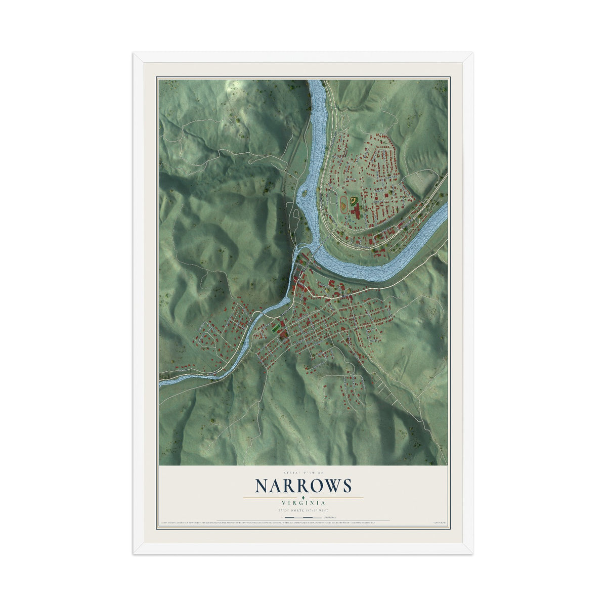 Map of Narrows, Virginia, 12 x 18 inch print in a white wood frame