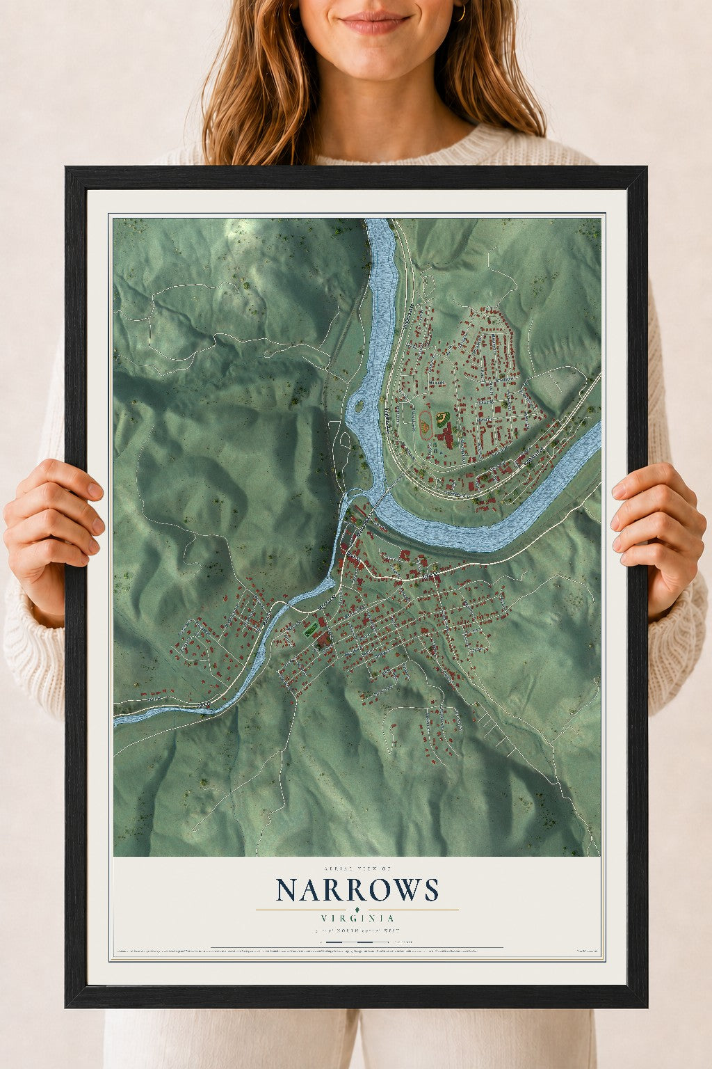Map of Narrows, Virginia, 18 x 24 inch print in a black wood frame
