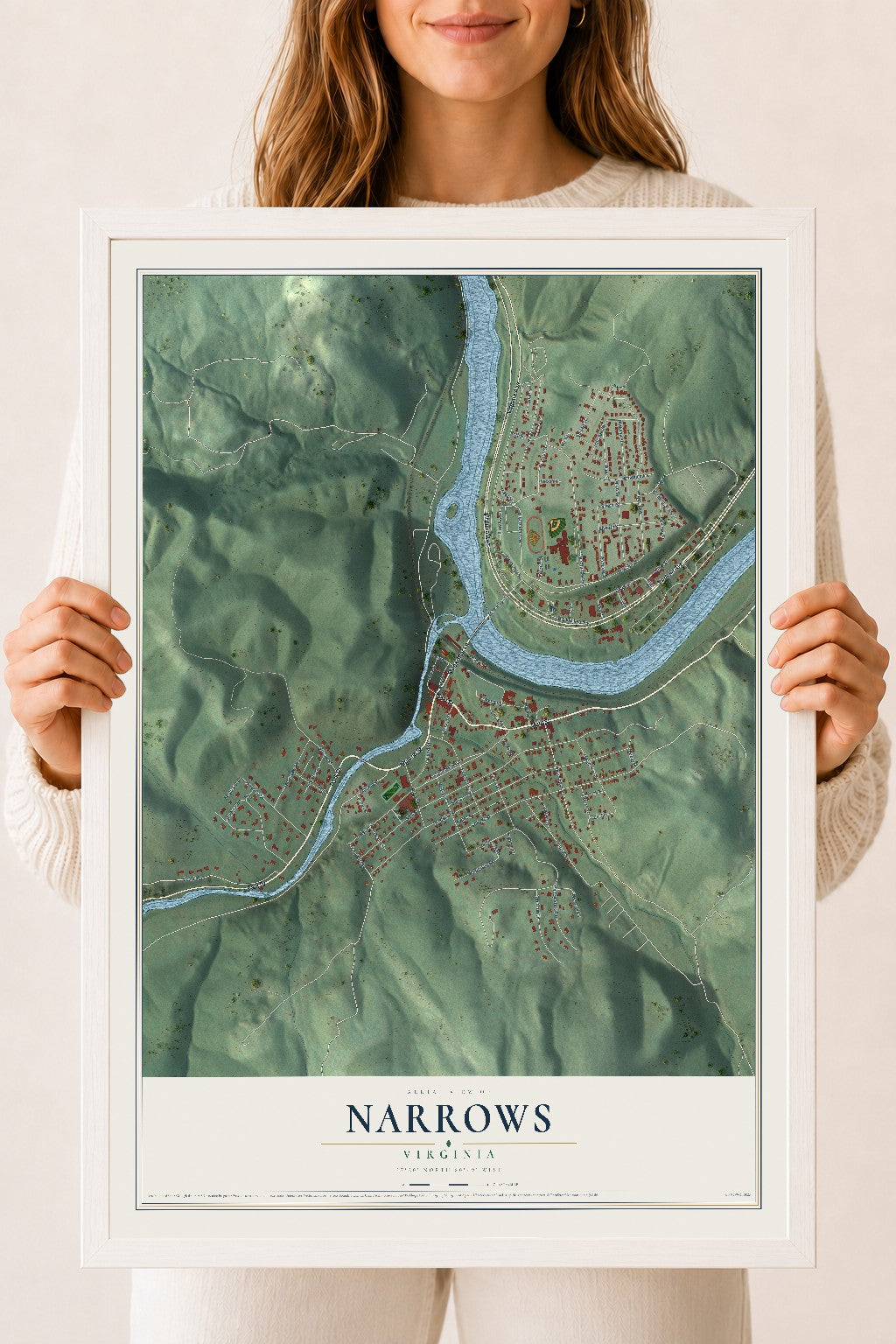 Map of Narrows, Virginia, 18 x 24 inch print in a white wood frame