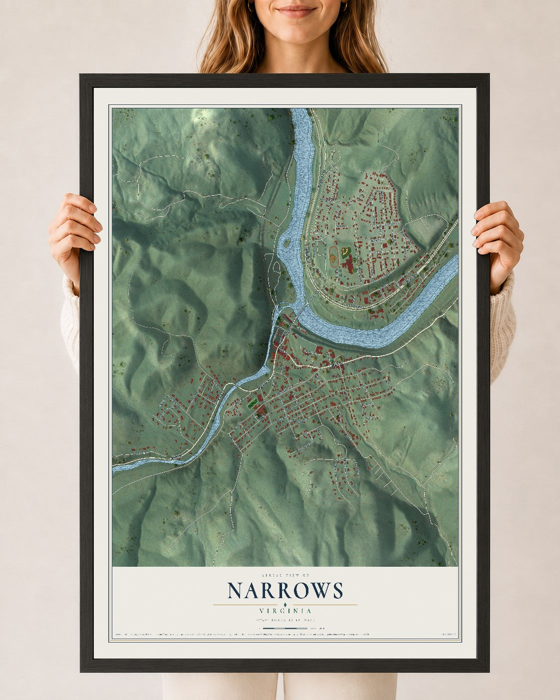 Map of Narrows, Virginia, 24 x 36 inch print in a black wood frame