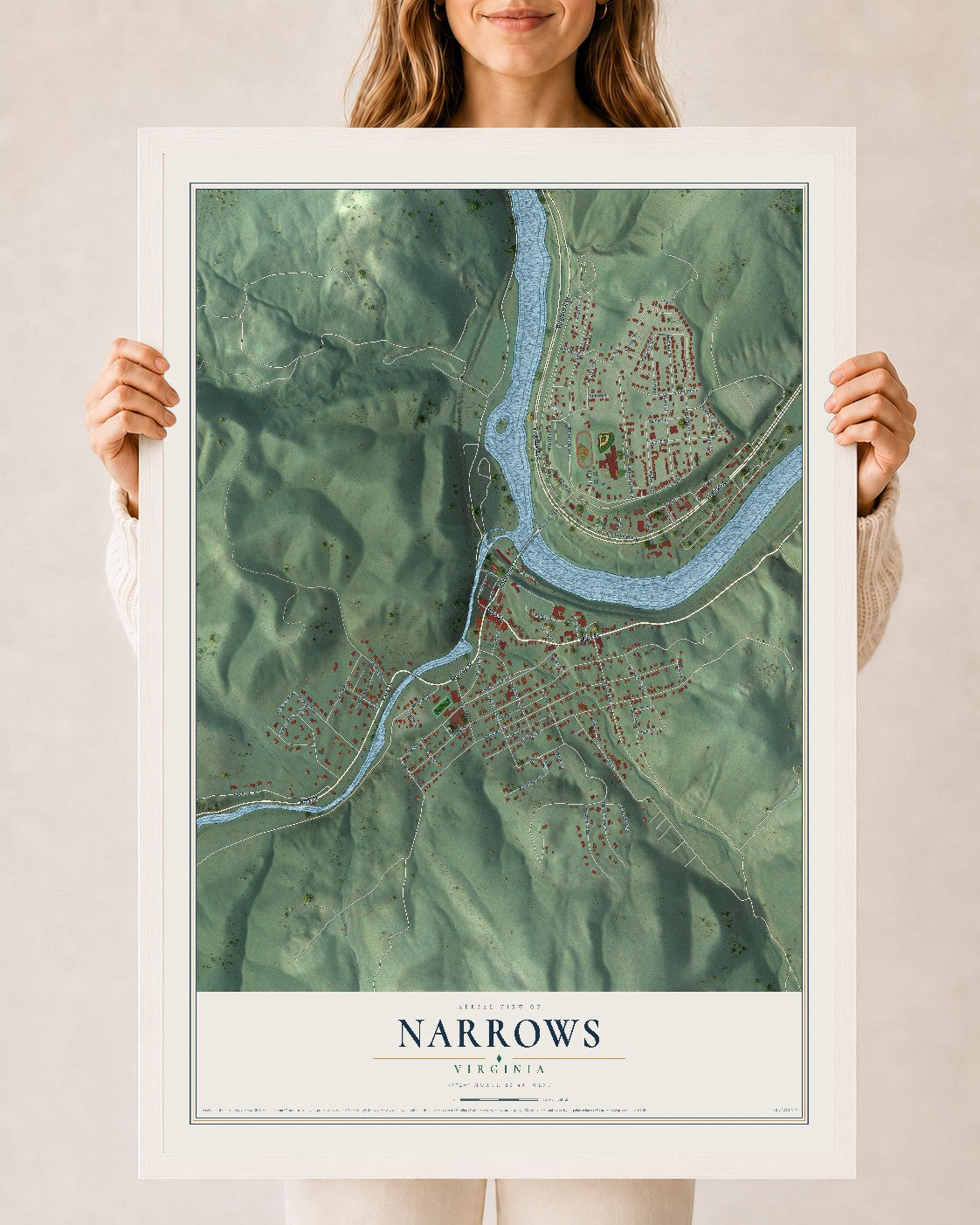Map of Narrows, Virginia, 24 x 36 inch print in a white wood frame