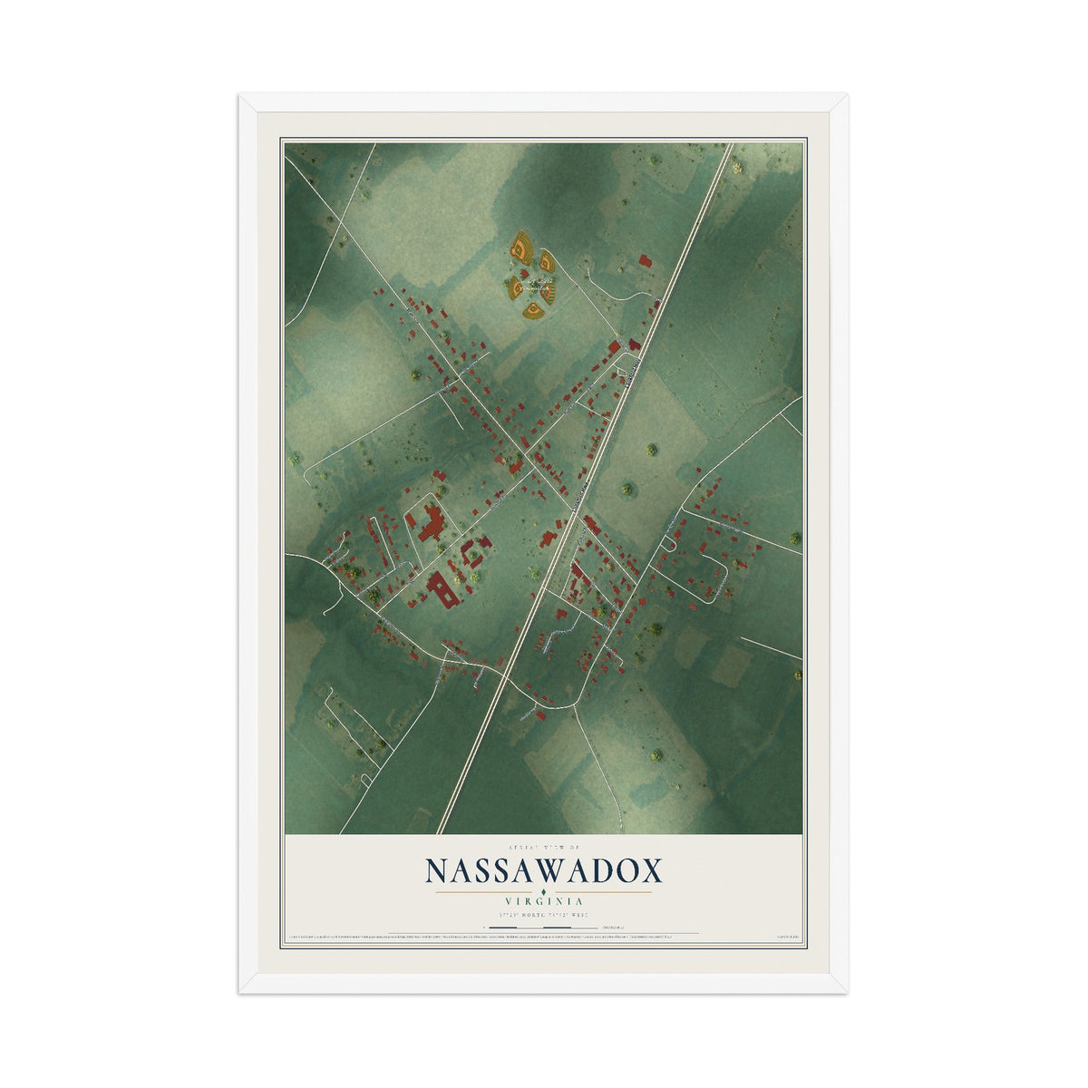Map of Nassawadox, Virginia, 12 x 18 inch print in a white wood frame