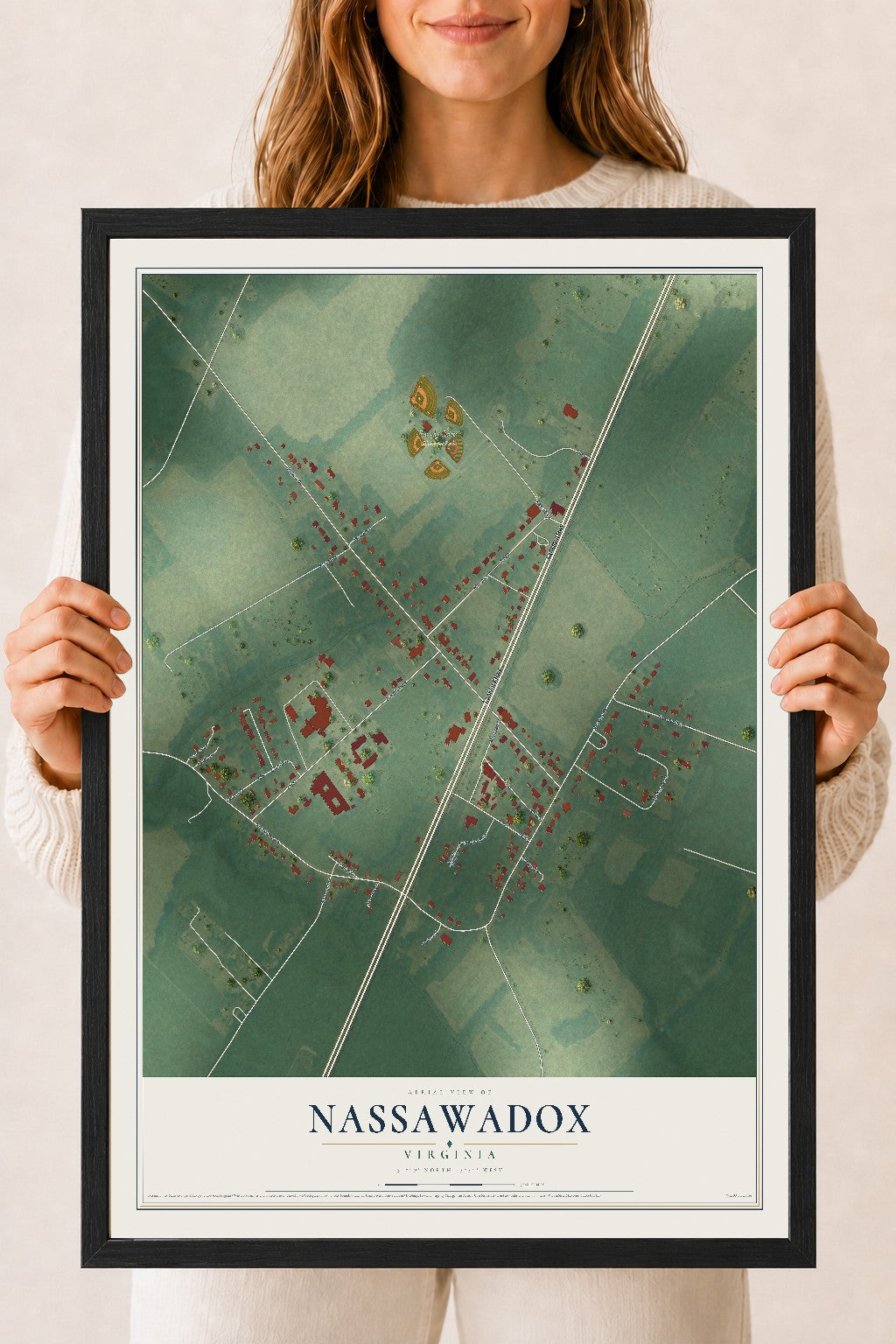 Map of Nassawadox, Virginia, 18 x 24 inch print in a black wood frame