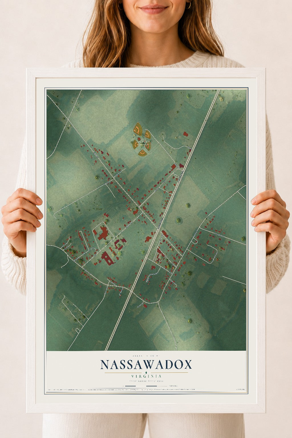 Map of Nassawadox, Virginia, 18 x 24 inch print in a white wood frame