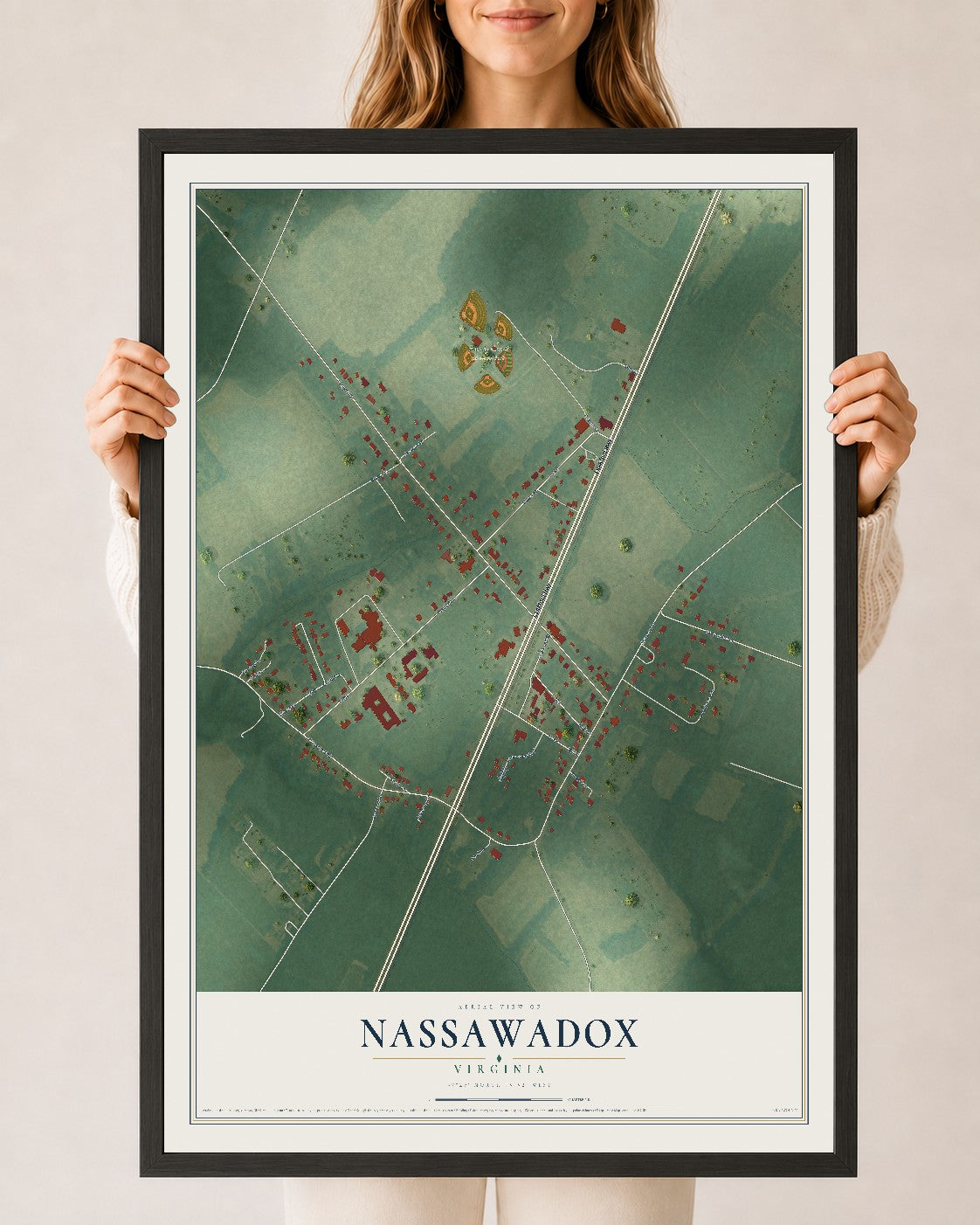 Map of Nassawadox, Virginia, 24 x 36 inch print in a black wood frame