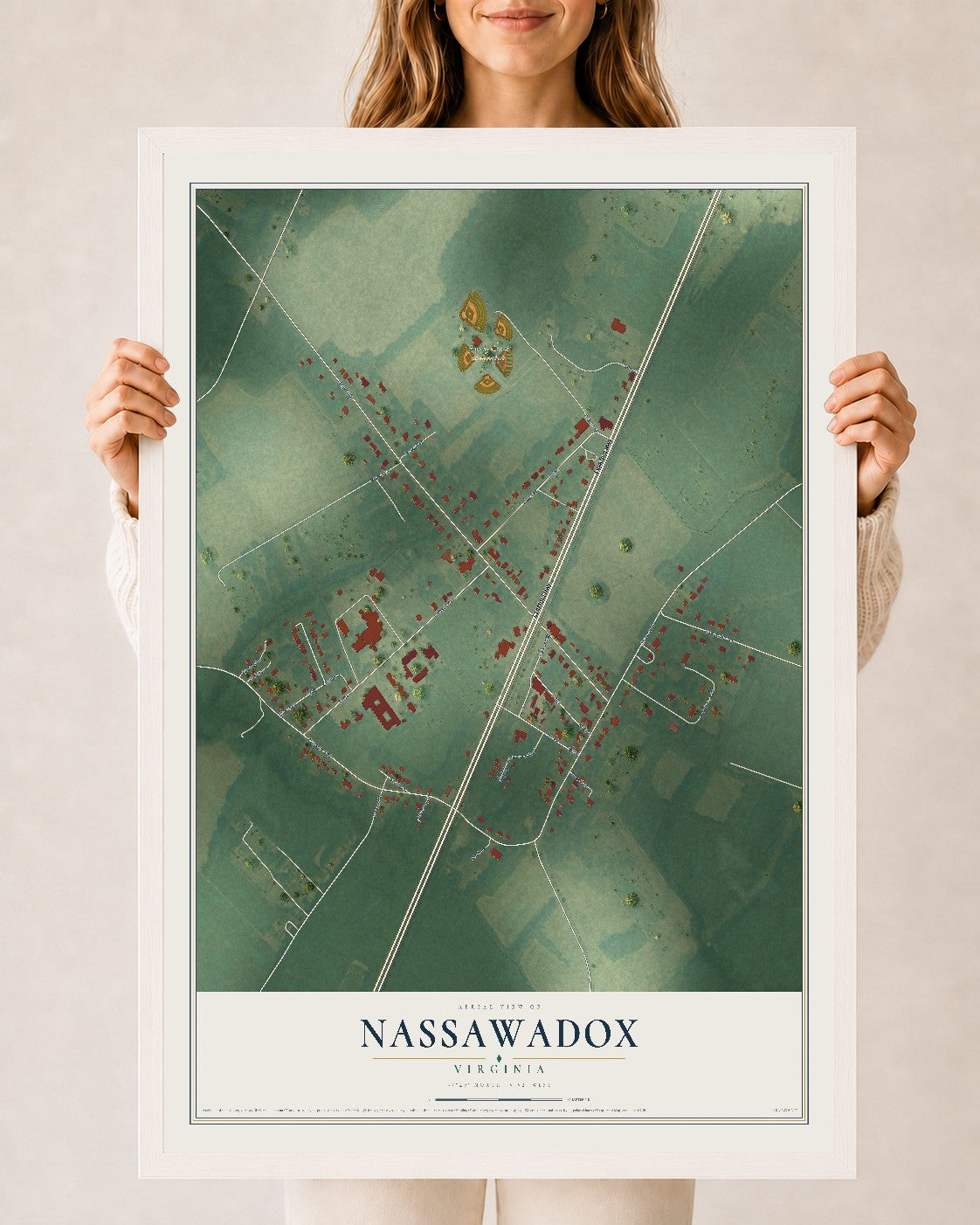 Map of Nassawadox, Virginia, 24 x 36 inch print in a white wood frame